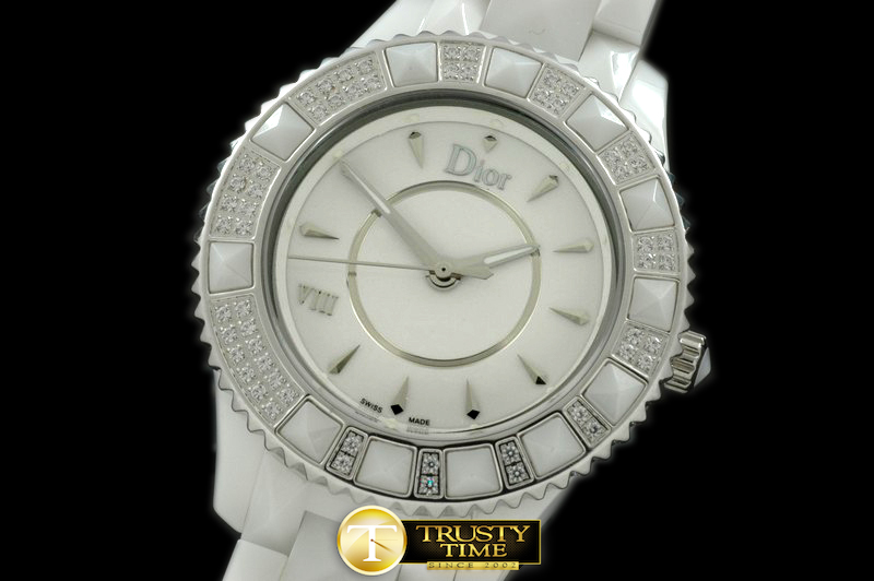 CD016A – Dior VIII Mid Size Cer/Cer/Diam White Jap Quartz