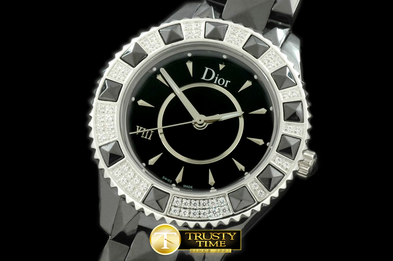 CD016B – Dior VIII Mid Size Cer/Cer/Diam Black Jap Quartz