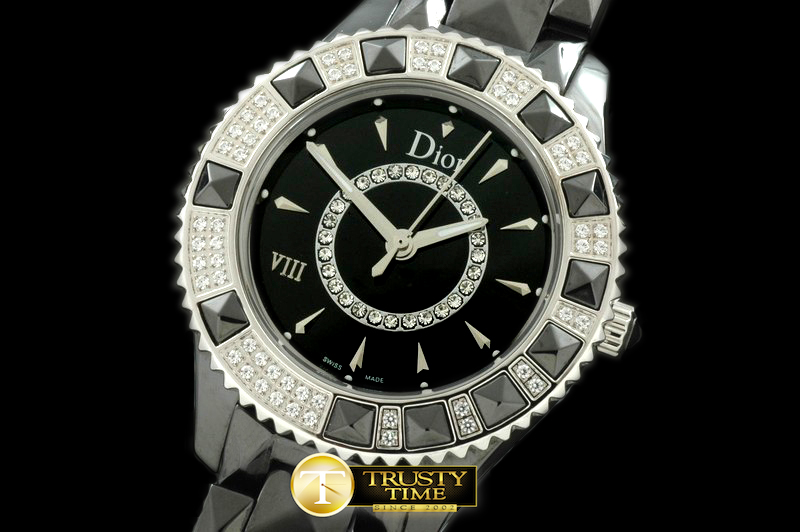 CD017B – Dior VIII Mid Size Cer/Cer/Diam Black Jap Quartz
